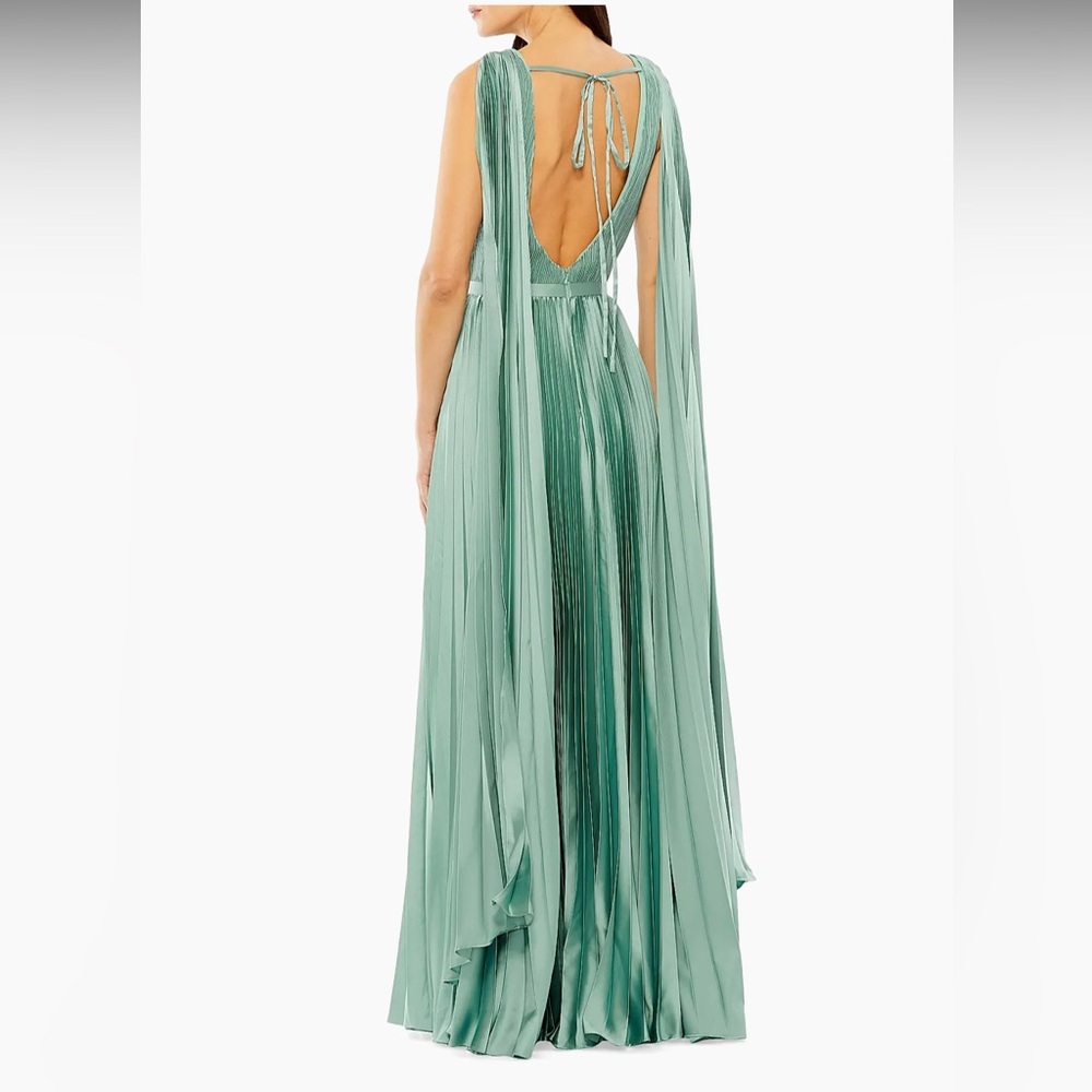 Mac Duggal Pleated Charmeuse Cape A-Line Gown - Picture 2 of 7